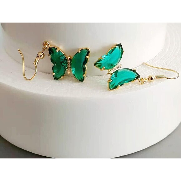 CZ Butterfly Glass Drop Dangle Earrings Sterling Silver Zirconia Gold Plated - Picture 1 of 5